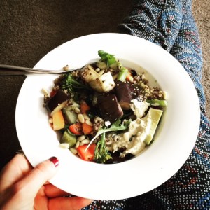 Aubergine, avocado, quinoa and pine nut salad